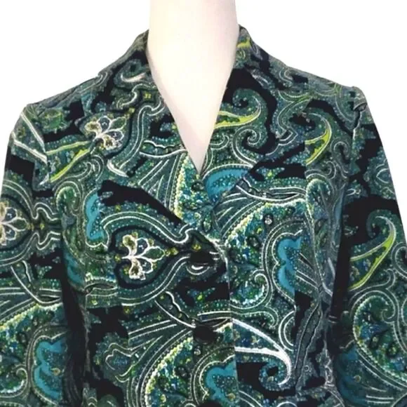 Talbots Teal Paisley Patterned Velvet Stretch Buttoned Blazer Size 4 - Picture 5 of 9